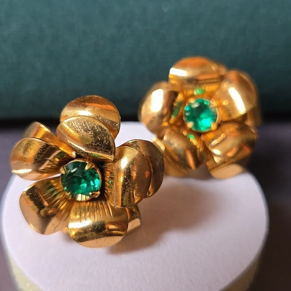 Coro Gold Tone 3D Flower Earrings with Green Stone